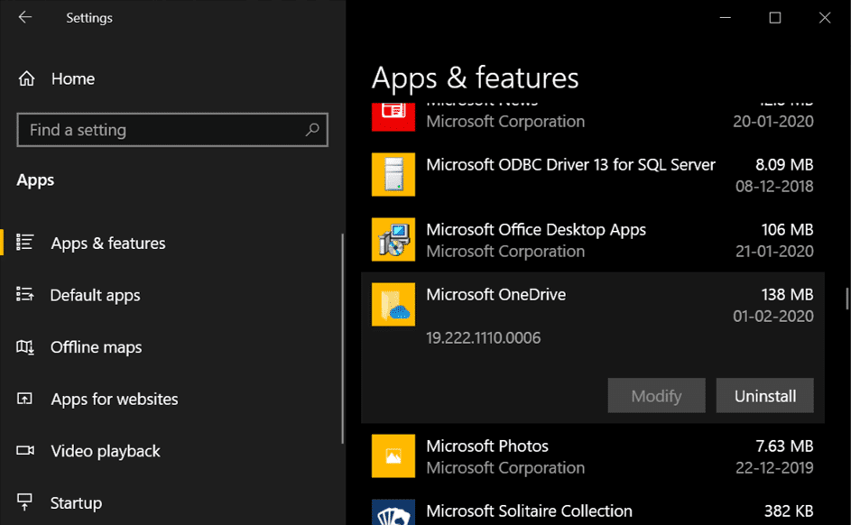 haga clic en Microsoft One Drive y luego haga clic en la opción Desinstalar para desinstalar One drive de su PC