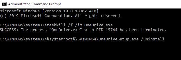 Desinstale OneDrive en Windows 10 usando el símbolo del sistema