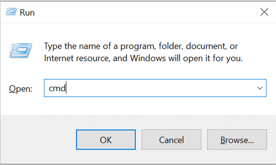 .Presione Windows + R para abrir el cuadro de diálogo Ejecutar. Escriba cmd y luego haga clic en ejecutar. Ahora se abrirá el símbolo del sistema.