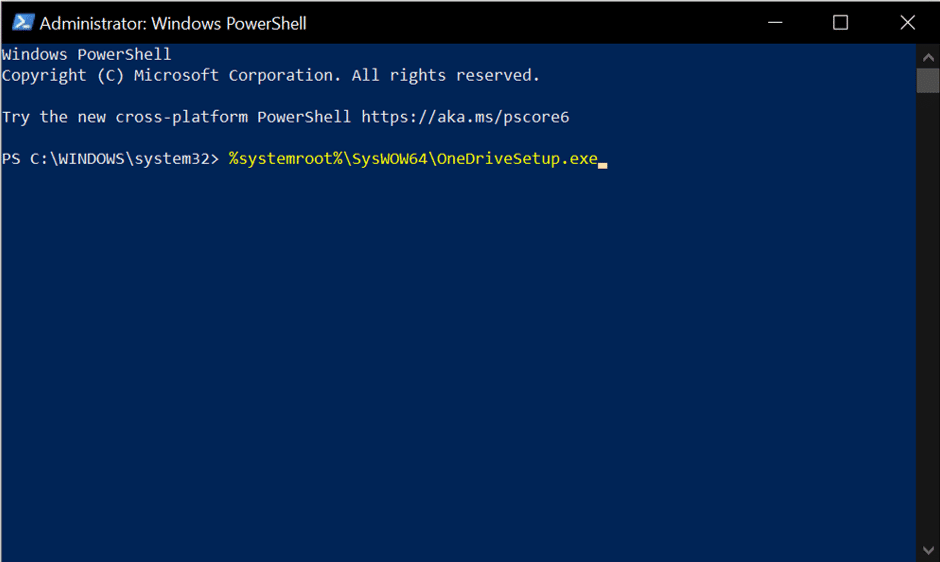 La ventana de Power Shell aparecerá como se muestra a continuación. ingrese %systemroot%SysWOW64OneDriveSetup.exe