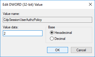 Cambie el valor de CdpSessionUserAuthzPolicy DWORD a 2