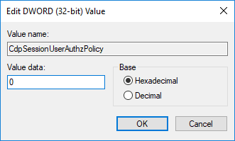 Haga doble clic en CdpSessionUserAuthzPolicy DWORD y luego cambie su valor a 0