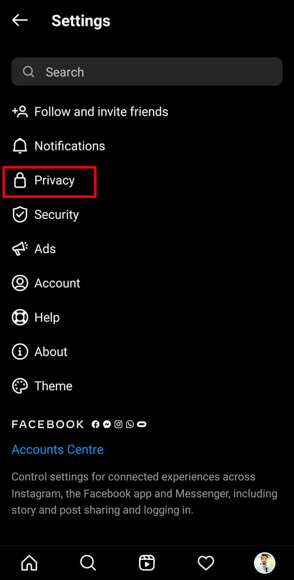 seleccione Privacidad en la siguiente pantalla.