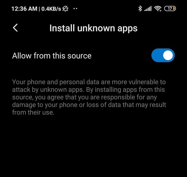 Active el interruptor para habilitar la instalación de aplicaciones descargadas