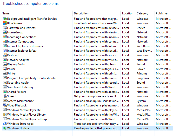 seleccione la actualización de Windows desde solucionar problemas informáticos |  Arreglar algunos archivos de actualización que no están firmados correctamente