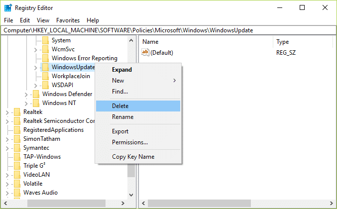 Haga clic con el botón derecho en la clave WindowsUpdate y seleccione Eliminar |  Arreglar algunos archivos de actualización que no están firmados correctamente