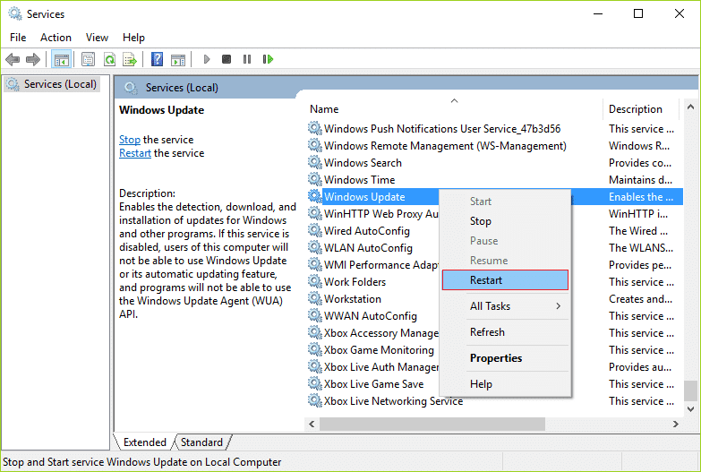 Haga clic derecho en el servicio de actualización de Windows y seleccione Reiniciar
