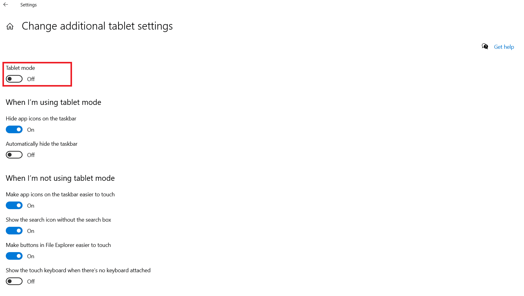 Cambie la configuración adicional de la tableta. Desactivar el modo tableta