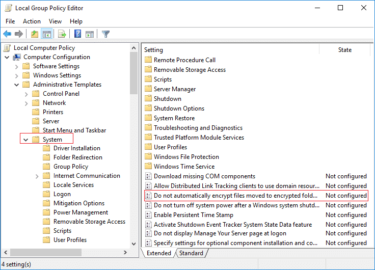 Haga doble clic en la política No cifrar automáticamente los archivos movidos a carpetas cifradas
