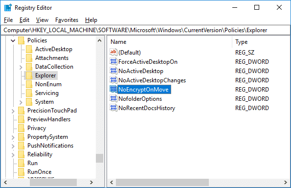 Nombre este DWORD recién creado como NoEncryptOnMove y presione Entrar.
