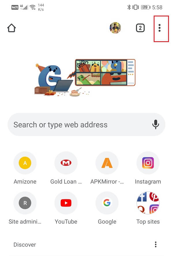 Abra la aplicación Google Chrome en su dispositivo y toque la opción de menú de tres puntos en la parte superior derecha