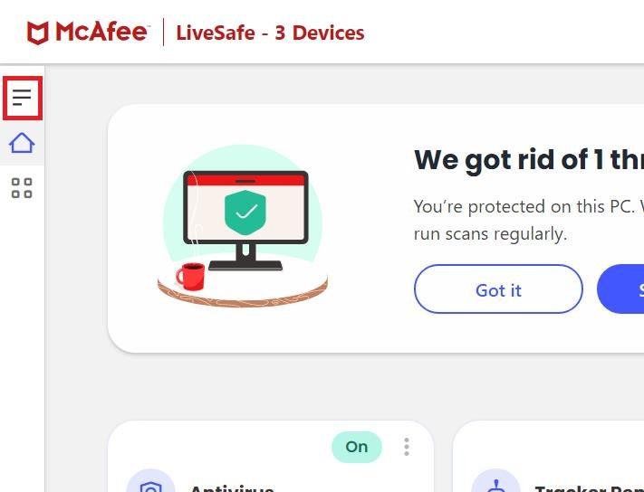 Para acceder al Centro de navegación, haga clic en el icono de hamburguesa en la esquina superior izquierda de la ventana de McAfee.