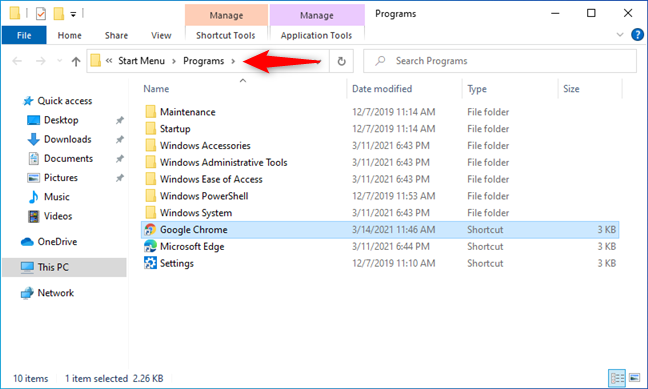 La carpeta Programas en el menú Inicio en Windows 10