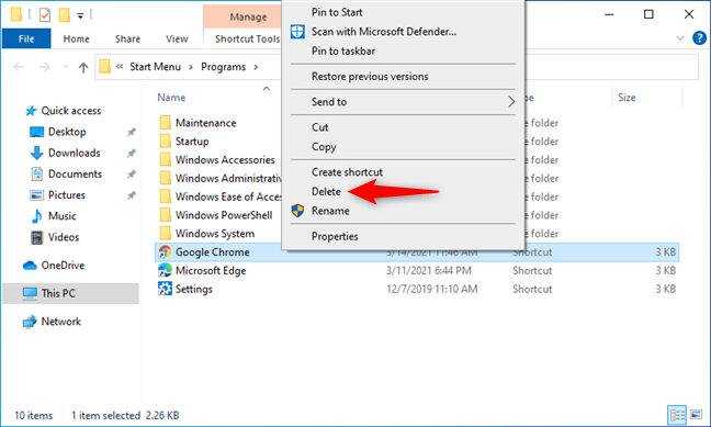 Eliminar el acceso directo a la aplicación del menú Inicio de Windows 10