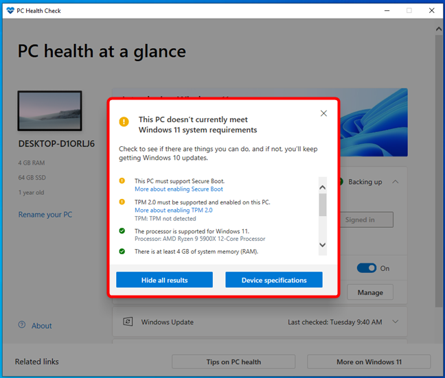 Detalles sobre los requisitos del sistema de Windows 11 que no cumple una PC