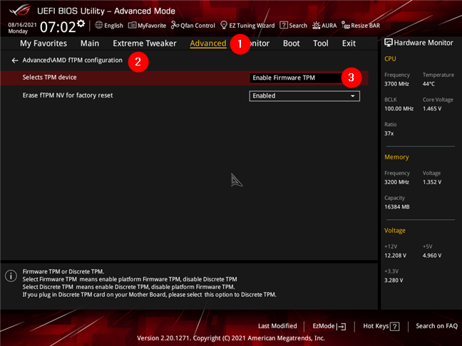 Habilitación de AMD Firmware TPM en una placa base ASUS