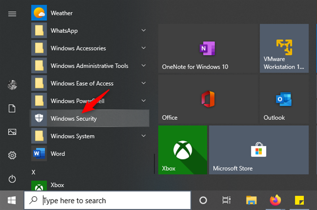 El acceso directo de seguridad de Windows desde el menú Inicio