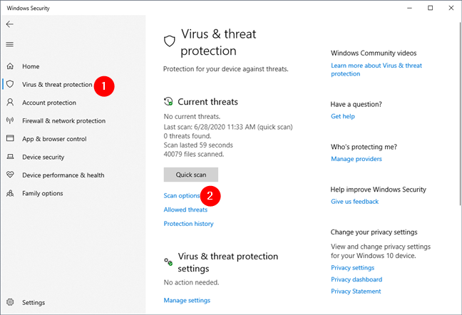 Seguridad de Windows - Opciones de escaneo