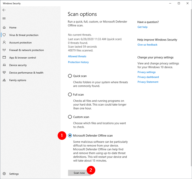 Inicio de un análisis sin conexión de Microsoft Defender