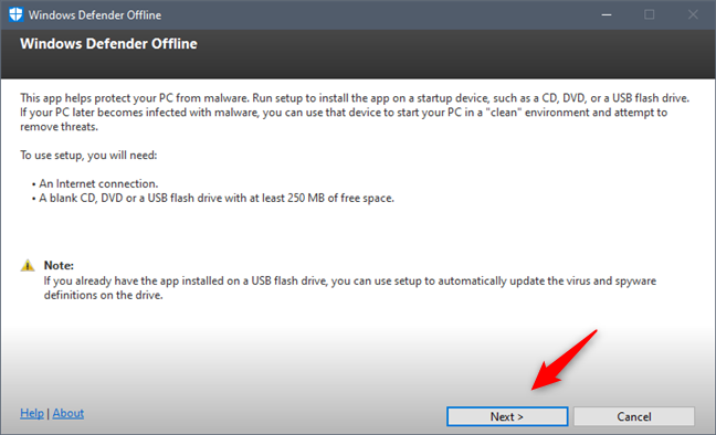 El asistente sin conexión de Windows Defender