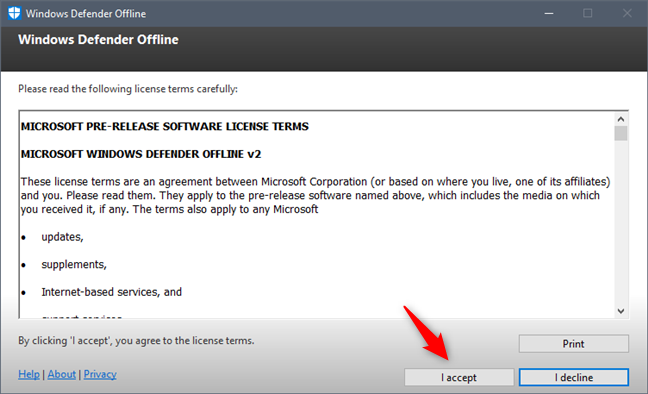 Los términos de licencia utilizados por Windows Defender Offline