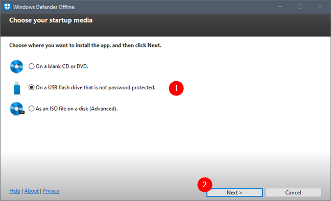 Elegir dónde instalar Windows Defender sin conexión