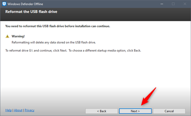 Windows Defender Offline necesita reformatear su unidad flash USB