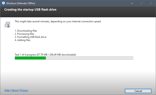 Windows Defender Offline está creando la memoria USB de arranque