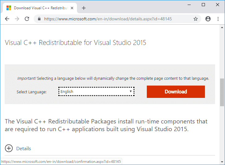 Descargue Visual C++ Redistributable para Visual Studio 2015 desde el sitio web de Microsoft