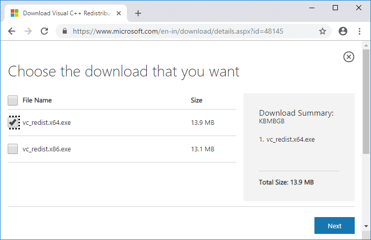 Seleccione vc-redist.x64.exe o vc_redis.x86.exe según la arquitectura de su sistema