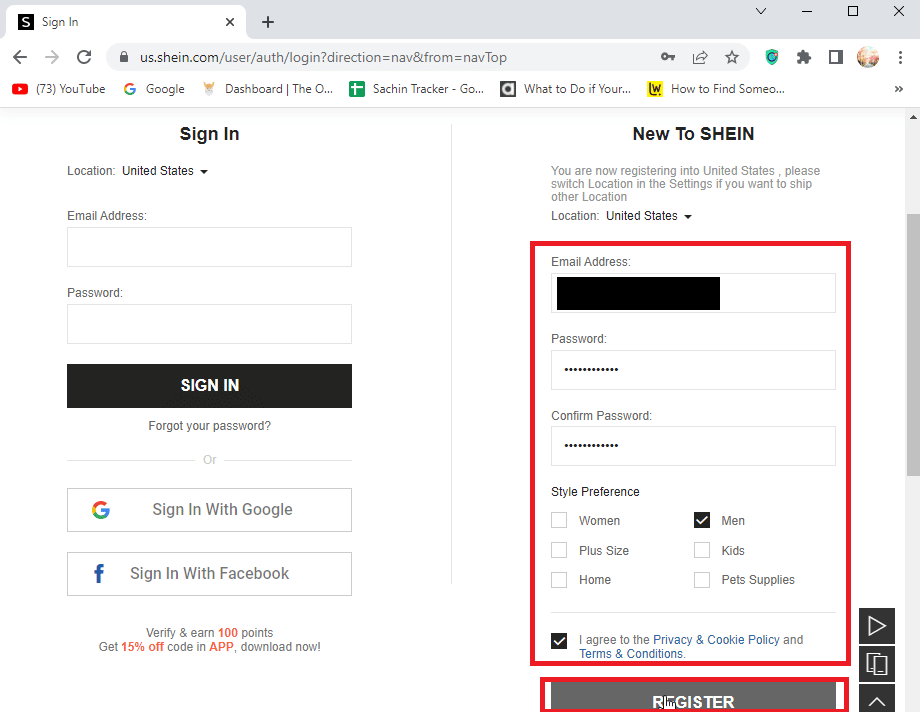 ingrese los detalles para crear una cuenta y haga clic en registrarse.  Cómo obtener el cupón de prueba gratis de SHEIN