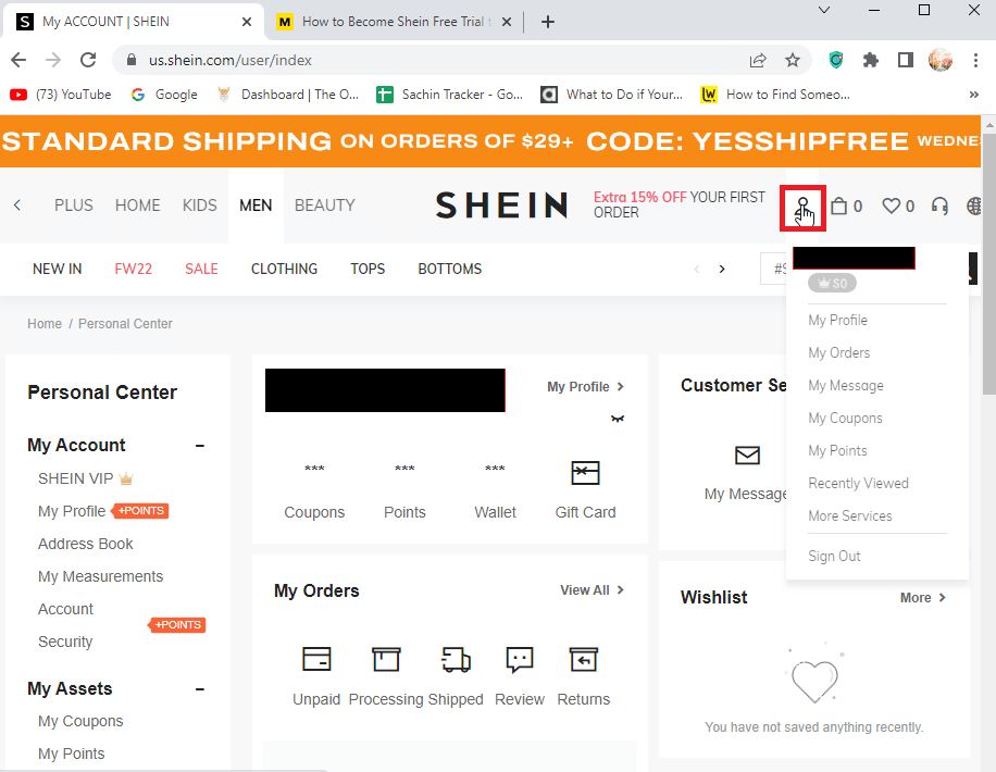 haga clic en el icono de la foto de perfil.  Cómo obtener el cupón de prueba gratis de SHEIN
