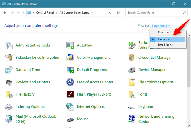 Seleccione para mostrar los elementos del Panel de control como iconos grandes