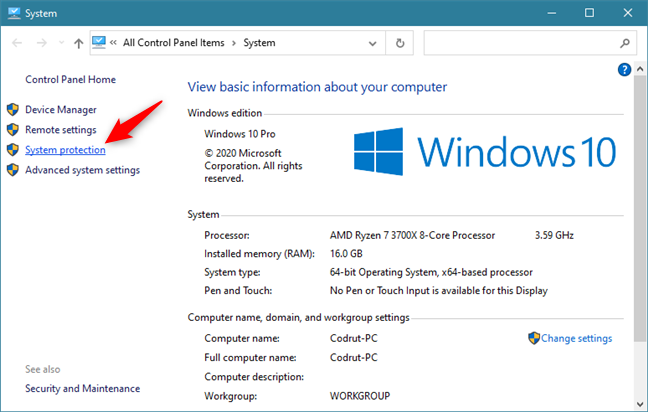 Enlace a la protección del sistema desde la ventana del sistema