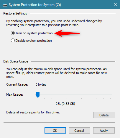 Seleccione para activar la protección del sistema