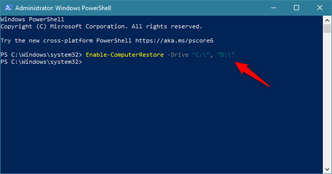 Habilite Restaurar sistema en las unidades C: y D: usando un comando en PowerShell