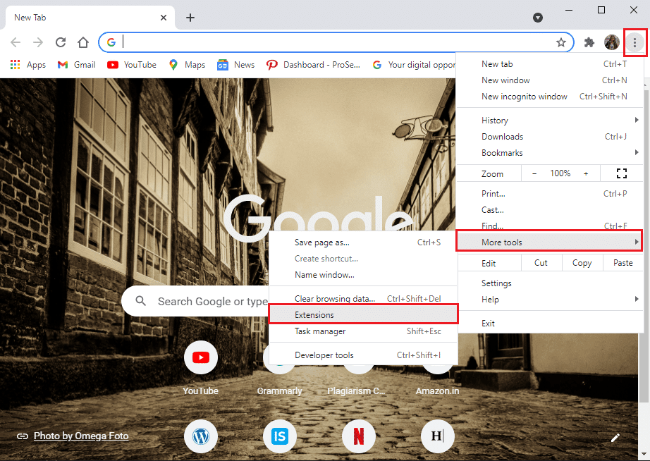 Mueva el cursor sobre la opción más herramientas y seleccione extensiones |  Arreglar las imágenes de Tumblr que no cargan el error
