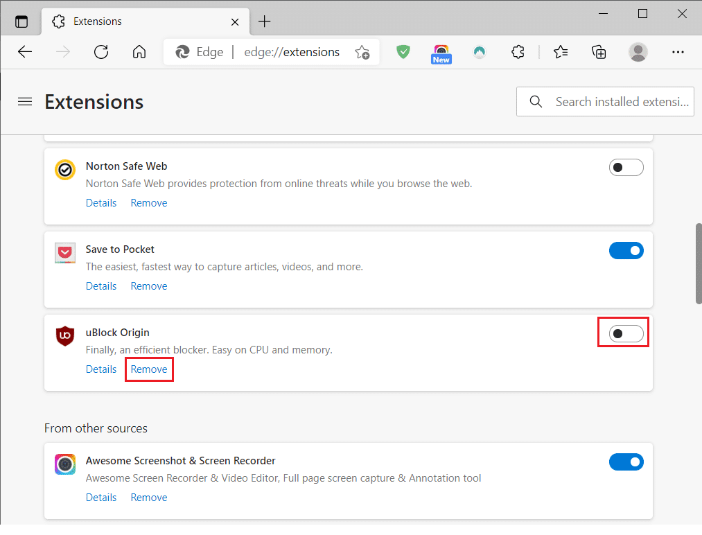 Eliminar uBlock Origin de Microsoft Edge