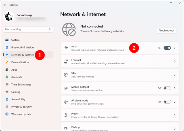 La sección Wi-Fi de la aplicación de configuración de Windows 11