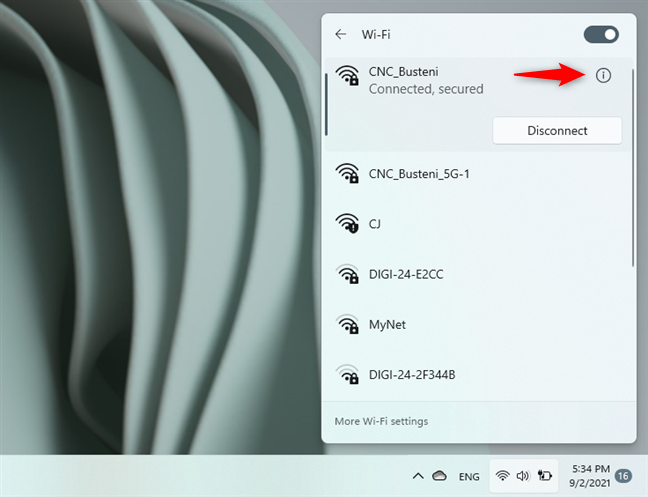 El botón Propiedades de la red Wi-Fi