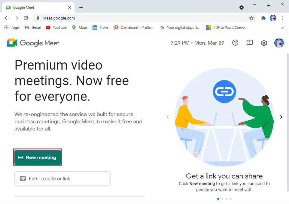 toque en Nueva reunión | Arreglar ninguna cámara encontrada en la reunión de Google