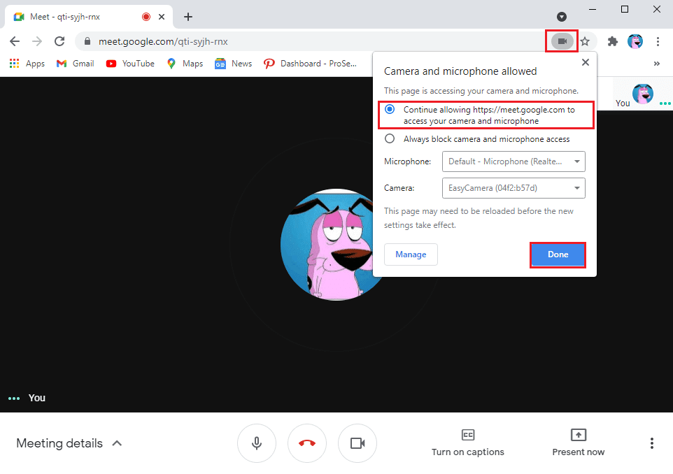 haga clic en el ícono de la cámara en la esquina superior derecha de la pantalla y asegúrese de otorgar permiso a Google Meet para acceder a su cámara y micrófono.