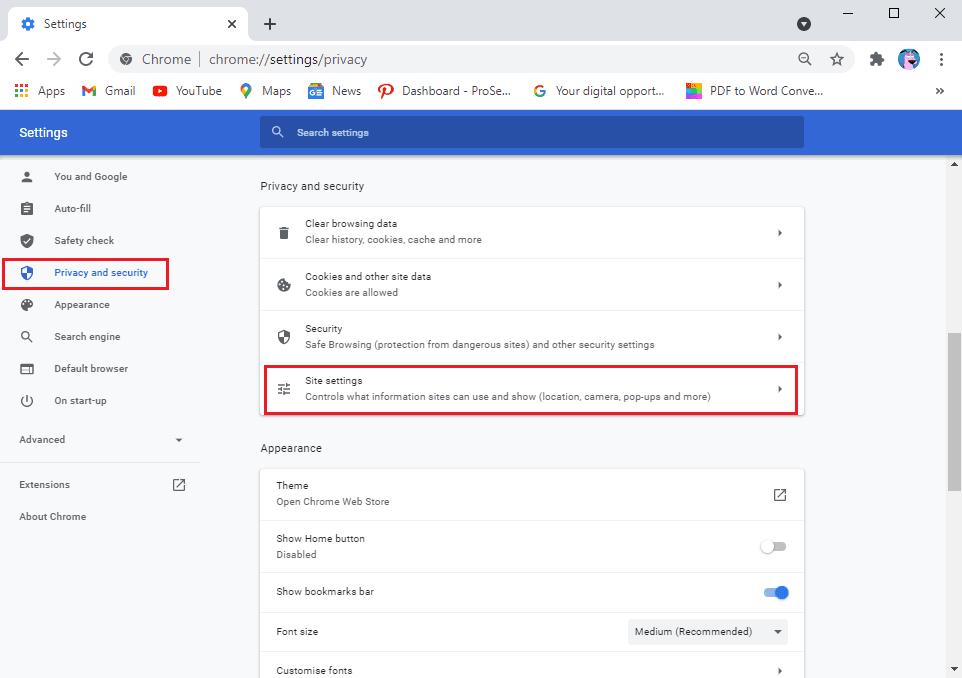 Toque Privacidad y seguridad en el panel lateral y luego haga clic en 'Configuración del sitio'. | Arreglar ninguna cámara encontrada en la reunión de Google