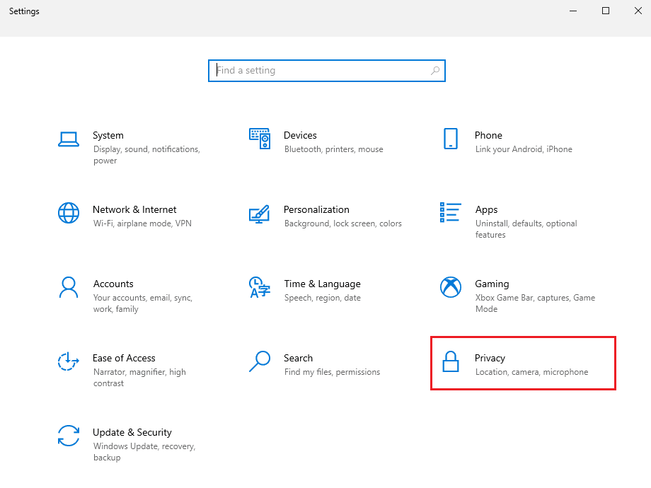 Presione la tecla de Windows + R para abrir Configuración y haga clic en la pestaña de privacidad. | Arreglar ninguna cámara encontrada en la reunión de Google
