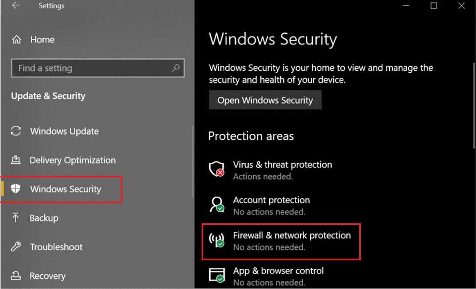Ahora, en la opción Áreas de protección, haga clic en Firewall de red y protección