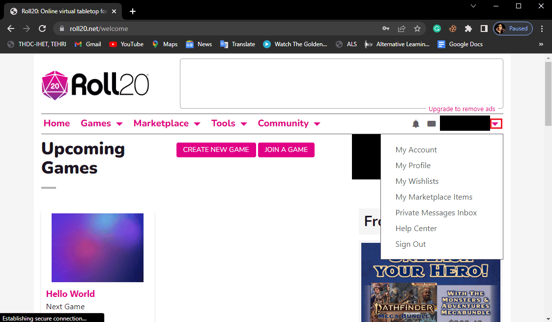busque su nombre de usuario y haga clic en el icono de flecha hacia abajo.  Fix Roll20 Advanced Fog of War no funciona