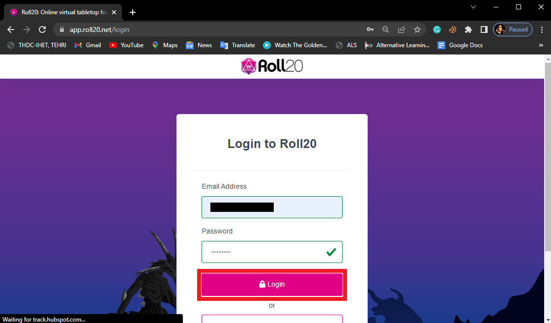 En la página Iniciar sesión, ingrese las credenciales de su cuenta Roll22 y haga clic en Iniciar sesión.  Fix Roll20 Advanced Fog of War no funciona