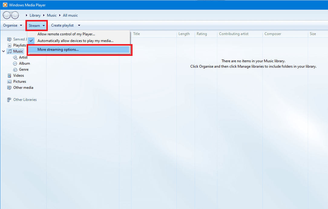 Haga clic en el menú Stream en Windows Media Player
