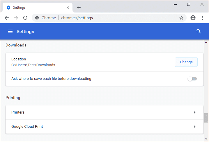 Vaya a la sección Descargas, luego haga clic en Cambiar