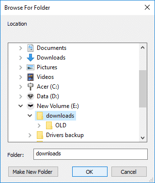 Examine y seleccione una carpeta para que sea la carpeta de descarga predeterminada para Chrome